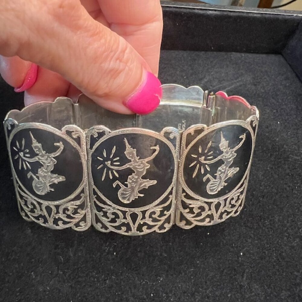 925 Sterling Silver Vintage Siam Niello Hindu Bracelet - Picture 2 of 7